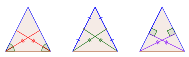 The bisectors, medians, and heights of the vertices at the base are equal